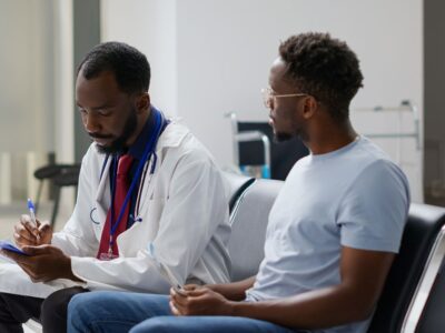 "A man sitting with his doctor