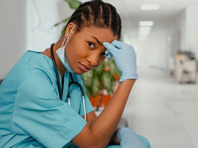 Photo d'une jeune médecin assise dans un couloir d'hôpital, une main posée contre la tête.